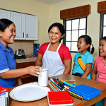 A heartwarming image depicting a Filipino family celebrating at home, with new appliances and school supplies visible, symbolizing the positive impact of remittances from an OFW working abroad. The scene should evoke feelings of hope and gratitude.