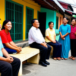 A diverse group of adult Filipino community members, fully clothed in modest, appropriate everyday attire, gathered thoughtfully in a vibrant, humble neighborhood setting in the Philippines. They are engaged in quiet, respectful conversation, reflecting community resilience and a shared sense of purpose. The background shows colorful, well-maintained homes and a peaceful street, capturing the authentic local atmosphere. This is a professional portrait, safe for work, appropriate content, fully clothed, and family-friendly. The subjects exhibit perfect anatomy, correct proportions, natural poses, well-formed hands, proper finger count, and natural body proportions, rendered with high-quality professional photography.