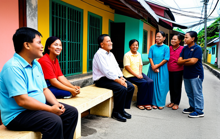 A diverse group of adult Filipino community members, fully clothed in modest, appropriate everyday attire, gathered thoughtfully in a vibrant, humble neighborhood setting in the Philippines. They are engaged in quiet, respectful conversation, reflecting community resilience and a shared sense of purpose. The background shows colorful, well-maintained homes and a peaceful street, capturing the authentic local atmosphere. This is a professional portrait, safe for work, appropriate content, fully clothed, and family-friendly. The subjects exhibit perfect anatomy, correct proportions, natural poses, well-formed hands, proper finger count, and natural body proportions, rendered with high-quality professional photography.