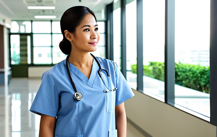 A professional female doctor, wearing a modest, clean medical uniform, stands confidently in a modern, brightly lit private hospital lobby in Manila, Philippines. The background features sleek design, polished floors, and subtle high-tech medical equipment. Sunlight streams through large windows. professional photography, high resolution, soft lighting, sharp focus, perfect anatomy, correct proportions, natural pose, well-formed hands, proper finger count, natural body proportions, fully clothed, modest clothing, appropriate attire, professional dress, safe for work, appropriate content, family-friendly.