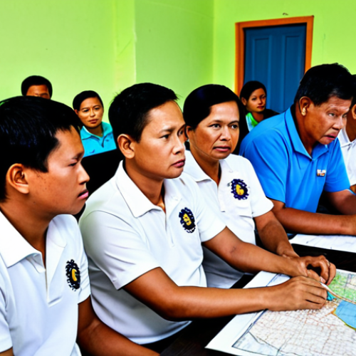 Home 8 Community Preparedness Meeting**
"A group of Filipino neighbors, fully clothed in modest attire, gathered at a barangay hall for a disaster preparedness meeting, appropriate content, safe for work. They are reviewing a community risk map showing flood zones and evacuation routes. The atmosphere is serious but collaborative. Perfect anatomy, correct proportions, natural pose. High quality, professional photography."
**
