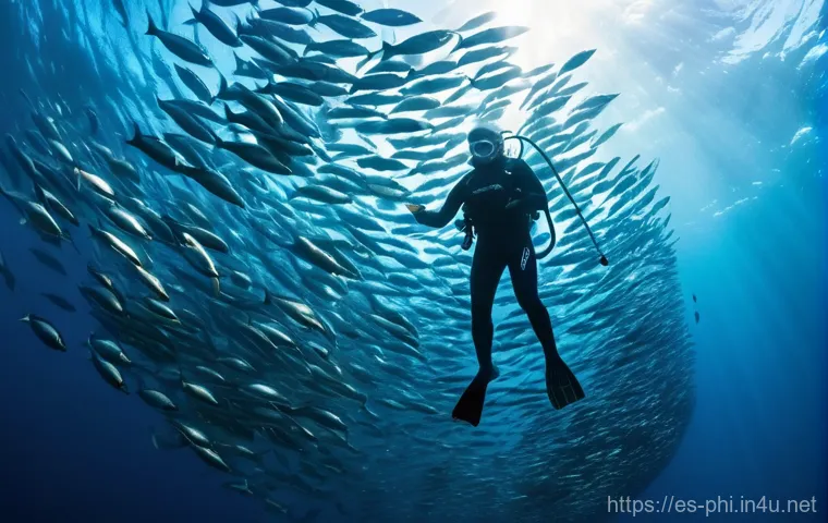 세부 섬 스쿠버다이빙 명소 - **A diver amidst a spectacular Sardine Run in Moalboal, Philippines.** Millions of shimmering silver...