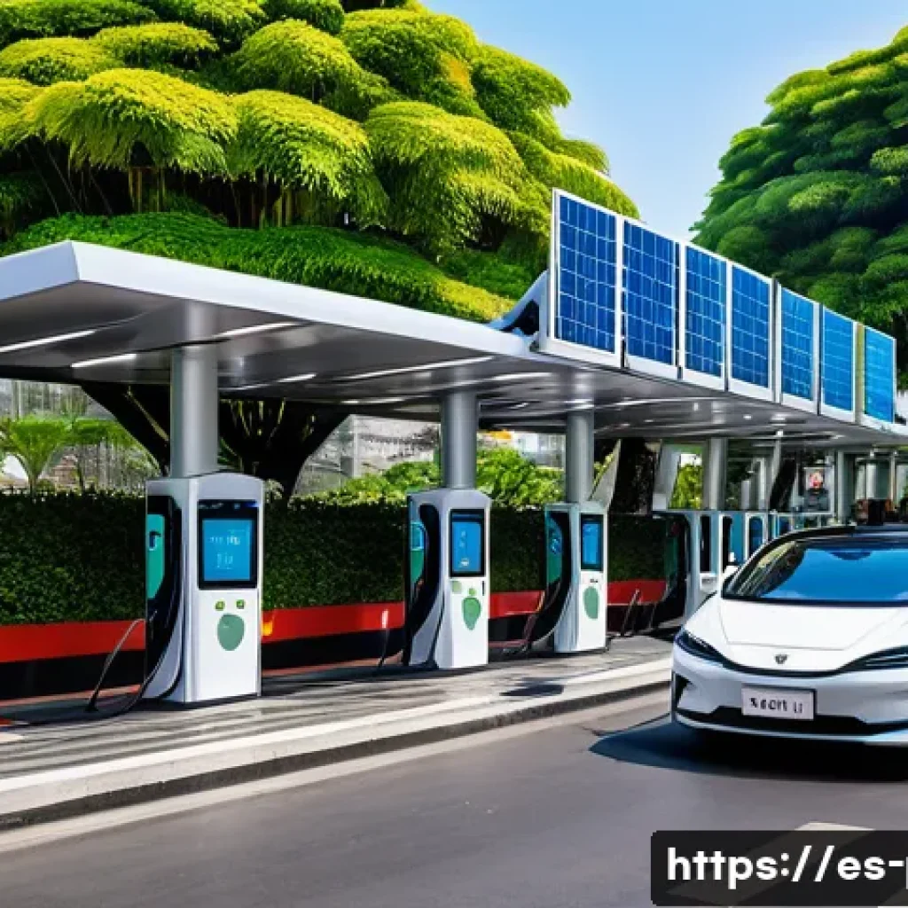 필리핀에서의 전기자동차 도입 상황 - A modern urban electric vehicle charging station in a busy Filipino city like Manila, featuring mult...
