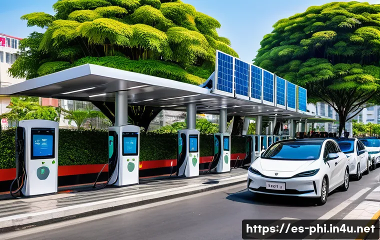 필리핀에서의 전기자동차 도입 상황 - A modern urban electric vehicle charging station in a busy Filipino city like Manila, featuring mult...