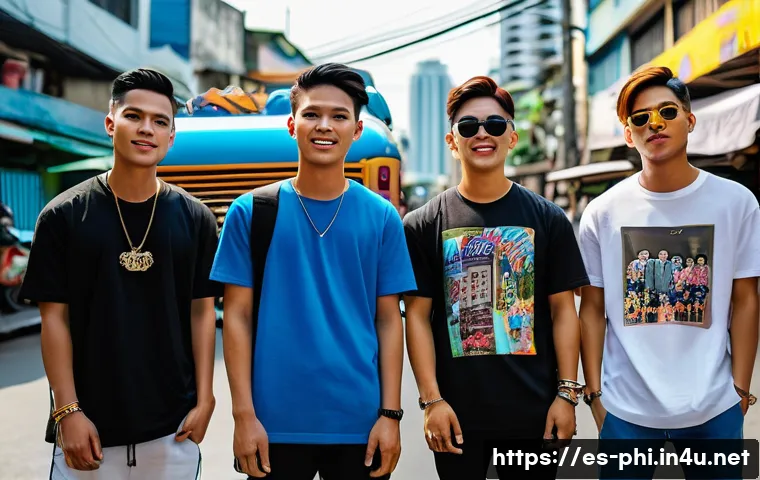 필리핀 유명 연예인과 작품 - A vibrant street scene in Manila showcasing young Filipino fans emulating celebrity fashion trends: ...