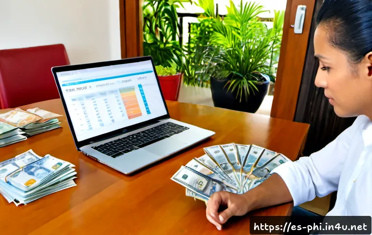 필리핀 거주를 위한 생활비 - Photorealistic lifestyle budgeting scene in a bright modern apartment in Manila, a Spanish-speaking ...