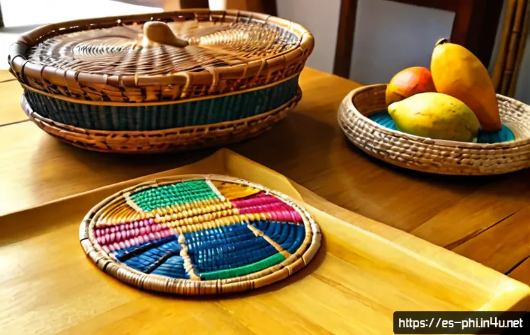 필리핀에서 필수로 사야 할 기념품 - Photorealistic travel souvenir flat lay featuring handwoven Philippine rattan baskets, colorful capi...