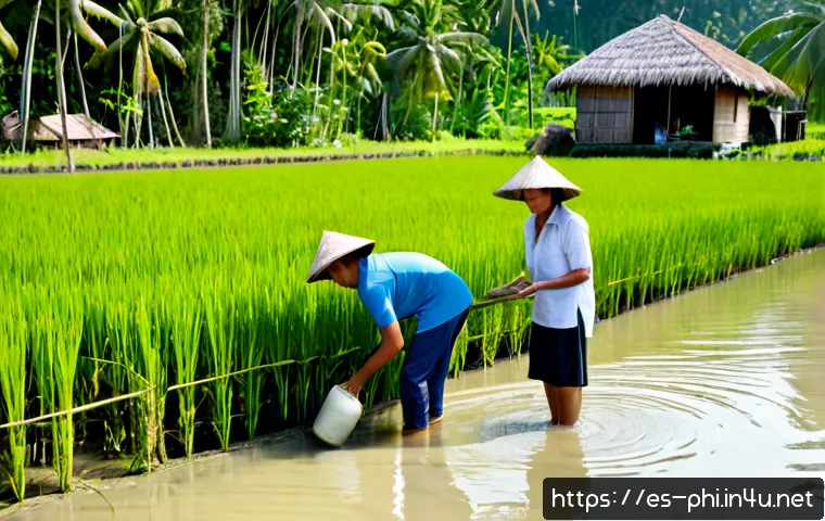 Home 17 필리핀 농촌 체험 여행 가이드 - Photorealistic rural Philippines farm experience, a Spanish-speaking adult travel couple in practica...