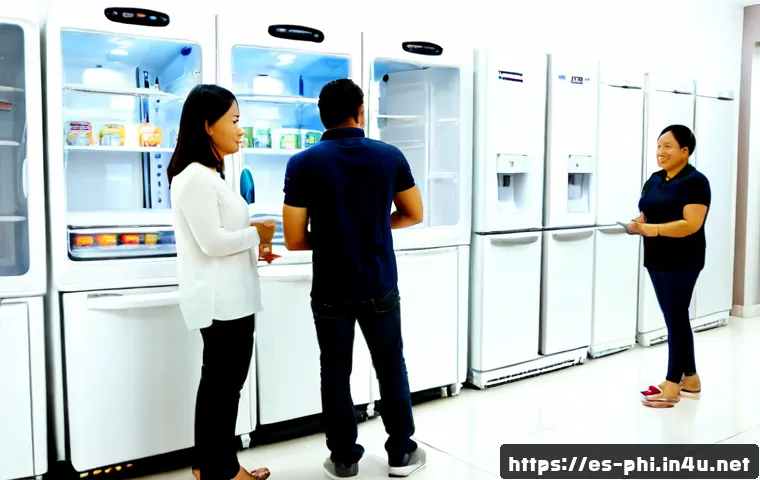 Home 17 필리핀 가전제품 구매 팁 - Photorealistic Filipino family comparing two energy-efficient refrigerators in a bright Manila appli...