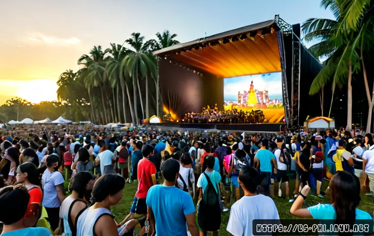필리핀 음악 축제 정보 - Photorealistic wide-angle scene of a vibrant Philippine outdoor music festival at sunset, diverse Fi...